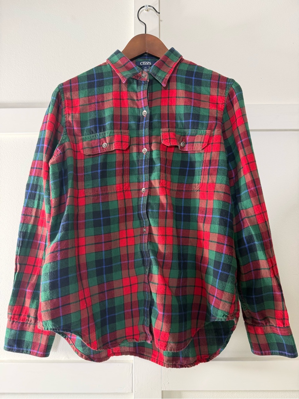 CHAPS Men’s Large Plaid Flannel Shirt Red Green Navy Tartan 100% Cotton
